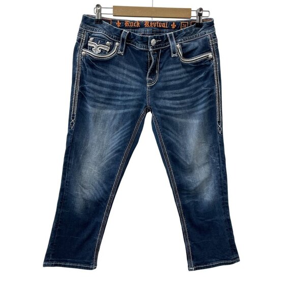 Rock Revival Sukara Easy Crop Jeans Med-Wash Denim Embroidered‎ Pockets Women 28 - Picture 3 of 16